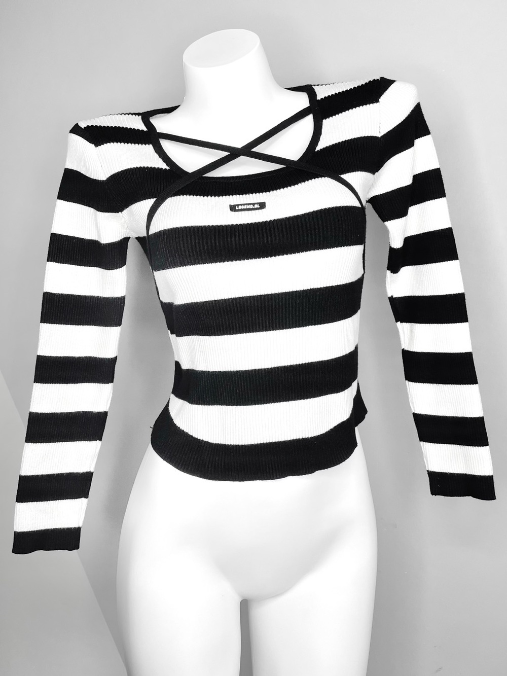 Y2K Black & White Striped Crisscross Ribbed Sweater